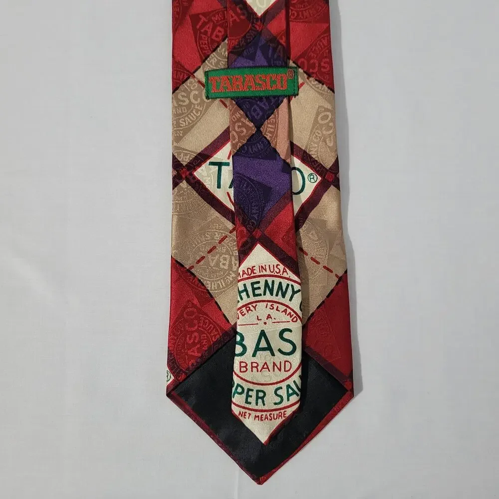 Pair of Tabasco silk novelty print neck tie made in USA, red, multicolor, shrimp